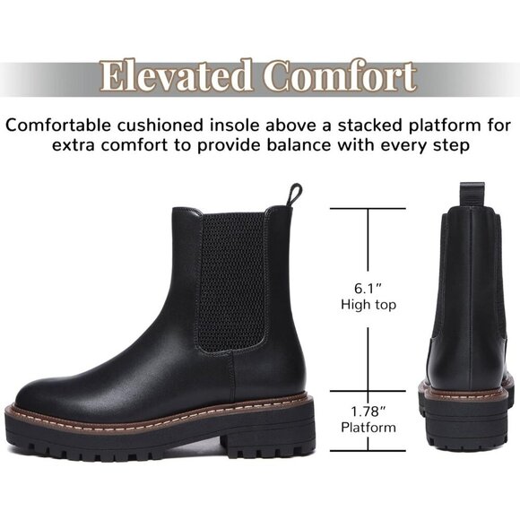 Athlefit Women Black Chelsea Wedge Platform Slip on Lug Sole Elastic Ankle Boot - Picture 2 of 6